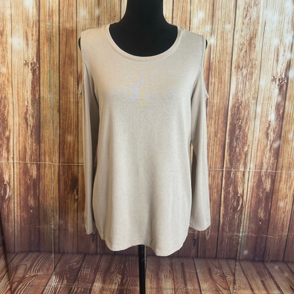 Calvin Klein Women’s Scoop Neck Long Sleeve Cold Shoulder Tan Blouse Size Large - Picture 2 of 13